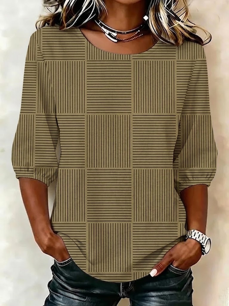 Crew Neck Half Sleeve Striped Printing Regular Micro-Elasticity Regular Fit Blouse For Women