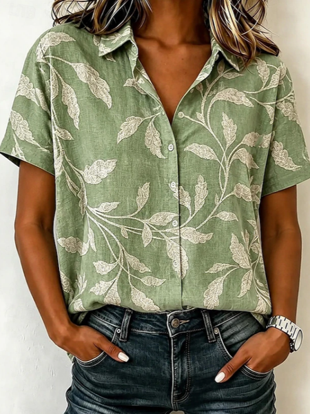 Shirt Collar Short Sleeve Leaf Printing Regular Micro-Elasticity Loose Button Up Shirt Shirt For Women