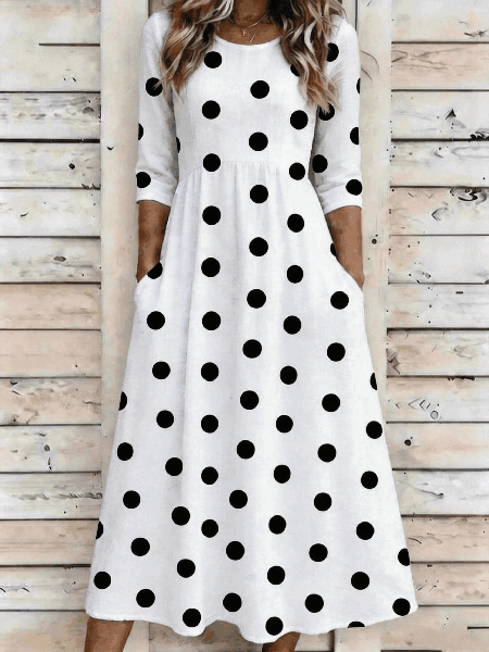 Women Polka Dots Summer Dress Crew Neck Half Sleeve A-Line Dress