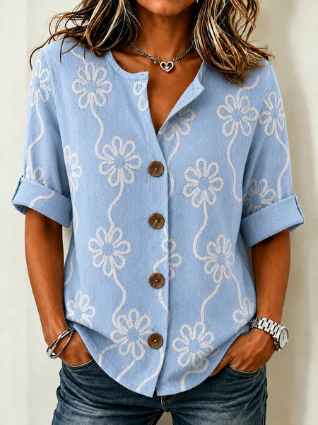 

Stand Collar Three Quarter Sleeve Plain Regular Loose Shirt For Women, Blue, Shirts