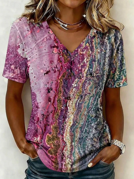 Vintage Abstract V Neck Short Sleeve T-shirt
