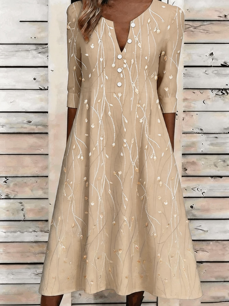 Women Floral Summer Dress Half Open Collar Half Sleeve A-Line Dress