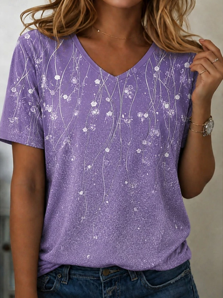 

Vintage Abstract V Neck Short Sleeve T-shirt, Purple, T-shirts