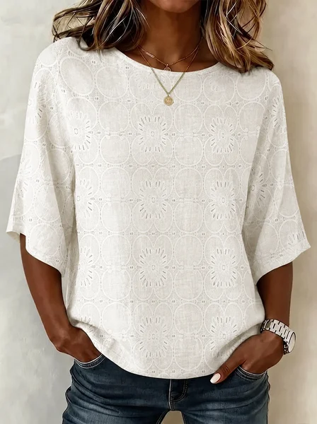 Crew Neck Half Sleeve Plain Printing Regular Micro-Elasticity Loose Blouse For Women