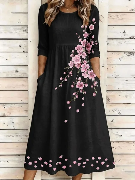 Women Floral Summer Dress Crew Neck Half Sleeve A-Line Dress