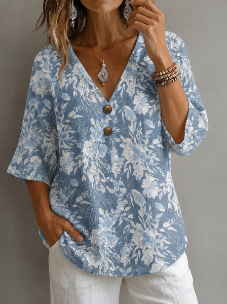 V Neck Half Sleeve Floral Regular Micro-Elasticity Loose Blouse For Women