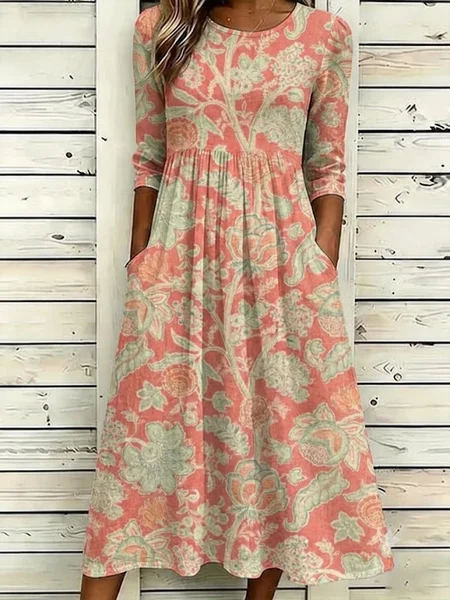 Women Floral Summer Dress Crew Neck Half Sleeve A-Line Dress