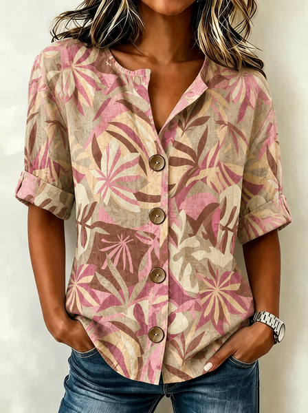 Stand Collar Three Quarter Sleeve Striped Regular Loose Shirt For Women