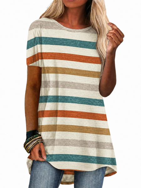 Vintage Striped Crew Neck Short Sleeve T-shirt