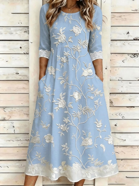 Women Floral Summer Dress Crew Neck Half Sleeve A-Line Dress