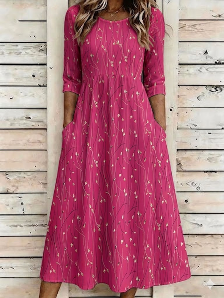 Women Leaf Summer Dress Crew Neck Half Sleeve A-Line Dress
