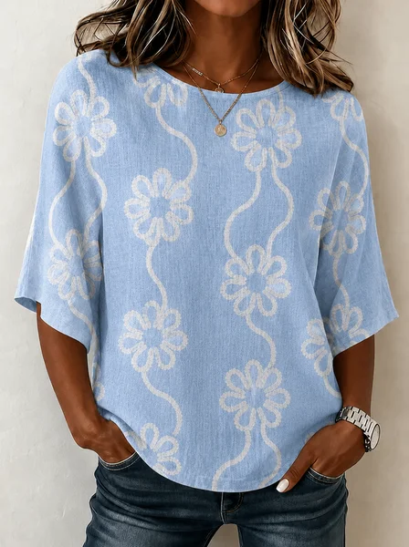 Crew Neck Half Sleeve Floral Printing Regular Micro-Elasticity Loose Blouse For Women