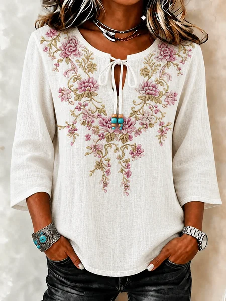 

V Neck Half Sleeve Plain Regular Loose Blouse For Women, White, Blouses
