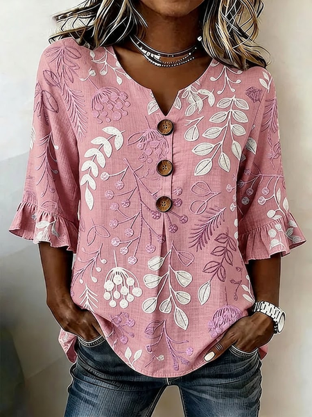 

Women Floral V Neck Half Sleeve Blouse Printing Vintage Daily Summer Top, Pink, Blouses