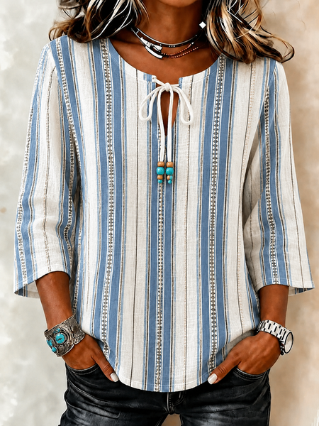 V Neck Half Sleeve Striped Regular Loose Blouse For Women