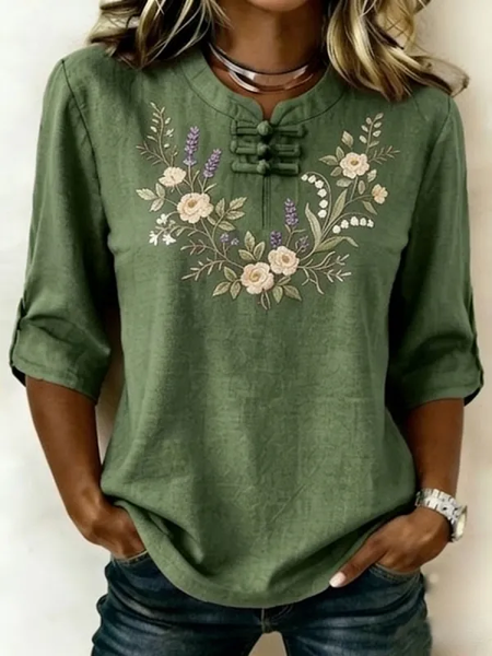 

Women Floral Mandarin Collar Half Sleeve Blouse Printing Vintage Daily Summer Top, Green, Blouses