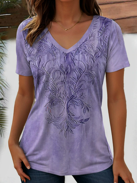 

Women Abstract Short Sleeve Tee T-shirt V Neck Printing Vintage Summer Top, Purple, T-Shirts