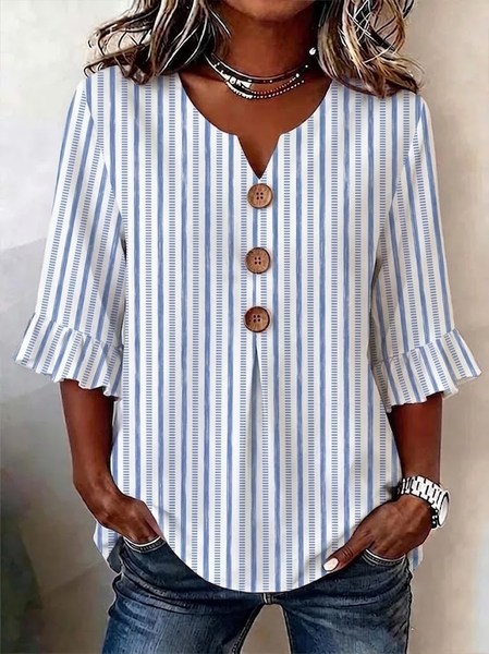 

Women Striped V Neck Half Sleeve Blouse Printing Vintage Daily Summer Top, Blue, Blouses