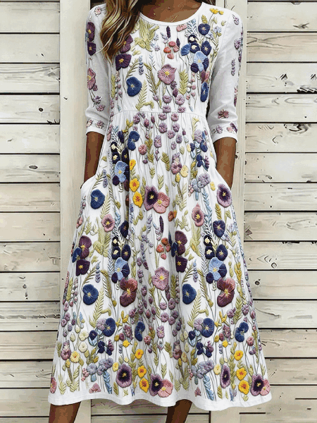 Women Floral Summer Dress Crew Neck Half Sleeve A-Line Dress