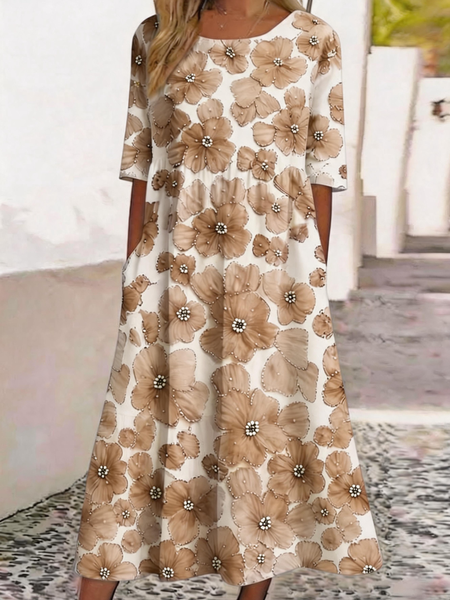 Women Floral Summer Dress Crew Neck Half Sleeve H-Line Dress