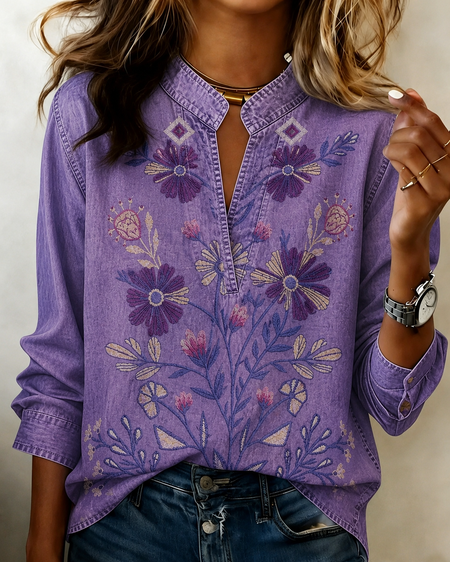 V Neck Long Sleeve Floral Printing Regular Micro-Elasticity Regular Fit Blouse For Women