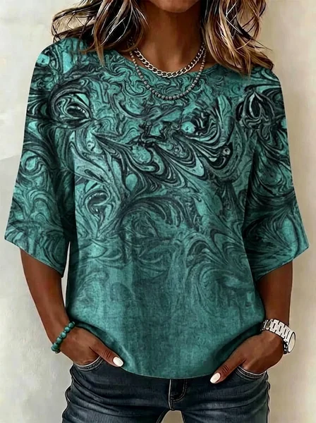 Crew Neck Half Sleeve Abstract Printing Regular Micro-Elasticity Regular Fit Blouse For Women