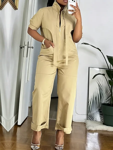 

Casual Plain Stand Collar Jumpsuit, Khaki, Jumpsuits