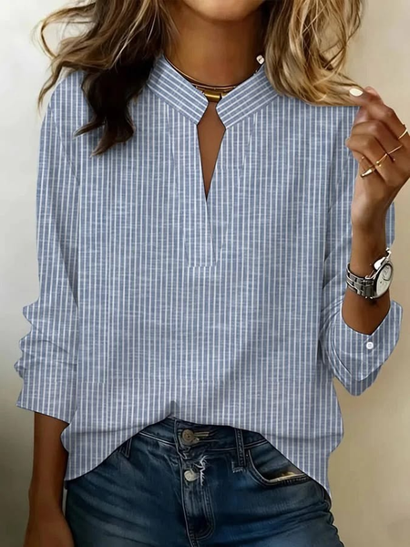 V Neck Long Sleeve Striped Printing Regular Micro-Elasticity Regular Fit Blouse For Women