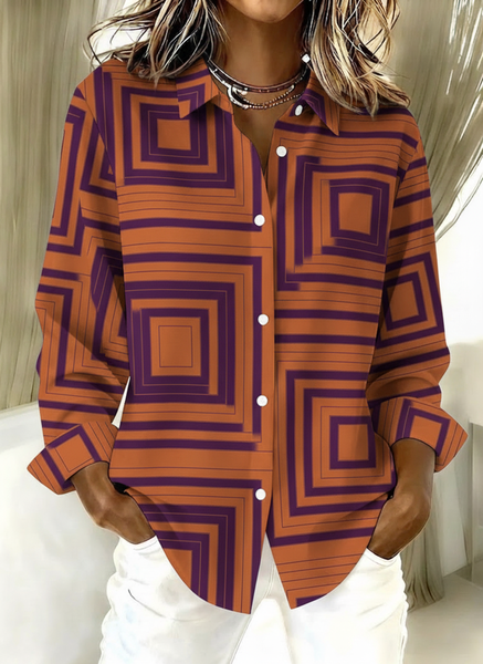 Shirt Collar Long Sleeve Geometric Regular Micro-Elasticity Regular Fit Shirt For Women