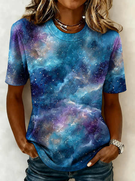 Casual Starry Sky Crew Neck Short Sleeve T-shirt