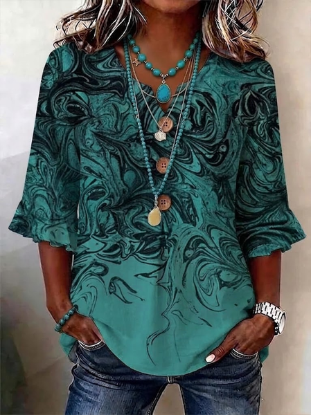 

Women Abstract V Neck Half Sleeve Blouse Printing Vintage Daily Summer Top, Green, Blouses