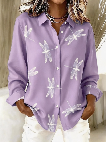 Shirt Collar Long Sleeve Dragonfly Regular Micro-Elasticity Regular Fit Shirt For Women