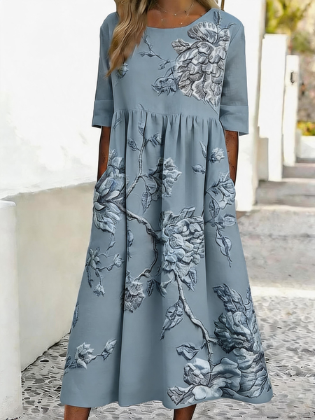 Women Floral Summer Dress Crew Neck Half Sleeve H-Line Dress