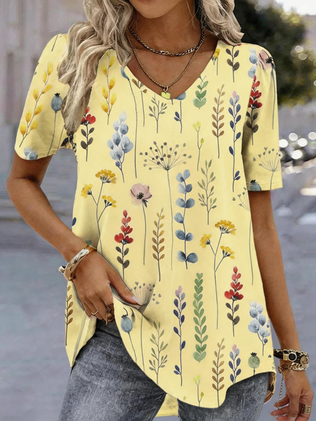 Vintage Floral V Neck Short Sleeve T-shirt