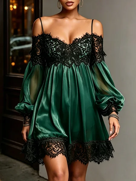 Elegant Color Block Split Joint Lace Edge Spaghetti Mini Dress