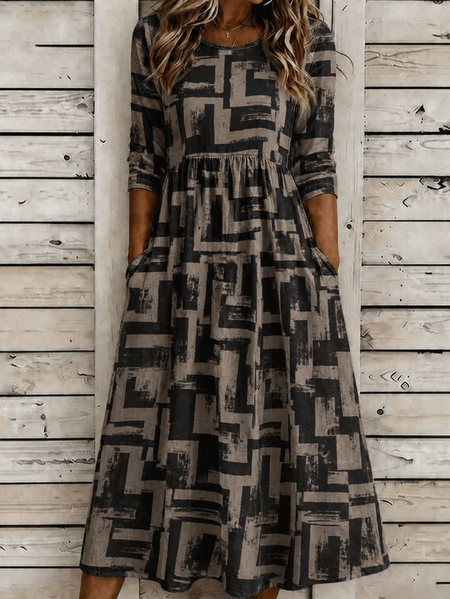 Women Abstract Graphic Summer Dress Crew Neck Half Sleeve T-Shirt Dress A-Line Dress