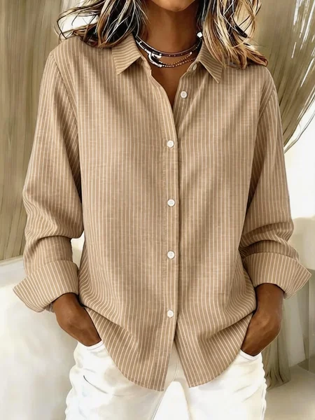 Shirt Collar Long Sleeve Striped Regular Micro-Elasticity Regular Fit Shirt For Women