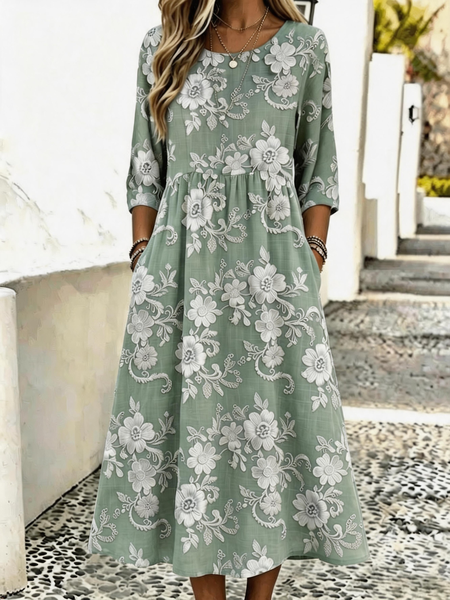 Women Floral Summer Dress Crew Neck Half Sleeve H-Line Dress