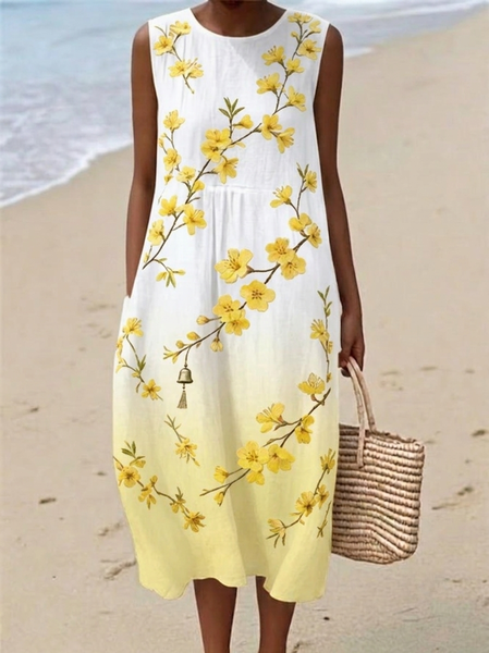 Women Floral Summer Dress Crew Neck Sleeveless Tank H-Line Dress