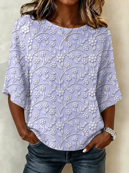 Crew Neck Half Sleeve 3D Printing Printing Regular Micro-Elasticity Loose Blouse For Women