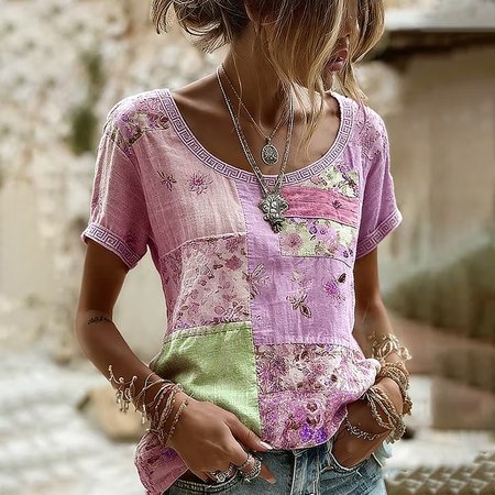Casual Floral Crew Neck Short Sleeve T-shirt