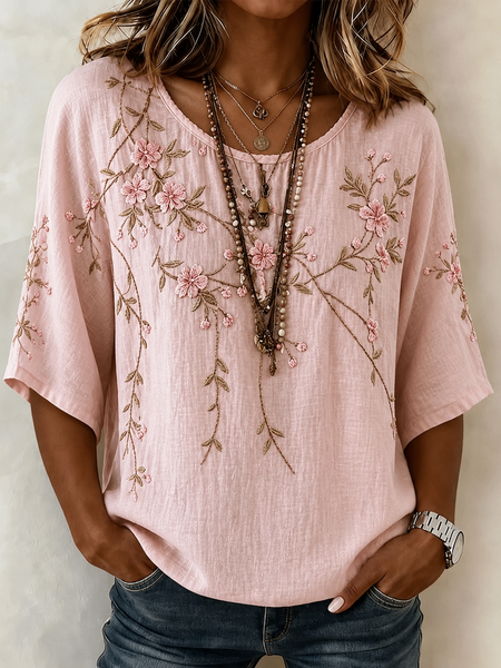 

Crew Neck Half Sleeve 3D Printing Printing Regular Micro-Elasticity Loose Blouse For Women, Pink, Blouses