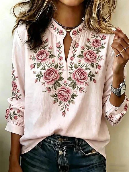 V Neck Long Sleeve Floral Printing Regular Micro-Elasticity Regular Fit Blouse For Women