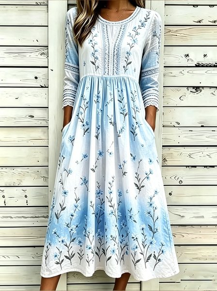 Women Floral Pattern Summer Dress Crew Neck Half Sleeve T-Shirt Dress A-Line Dress