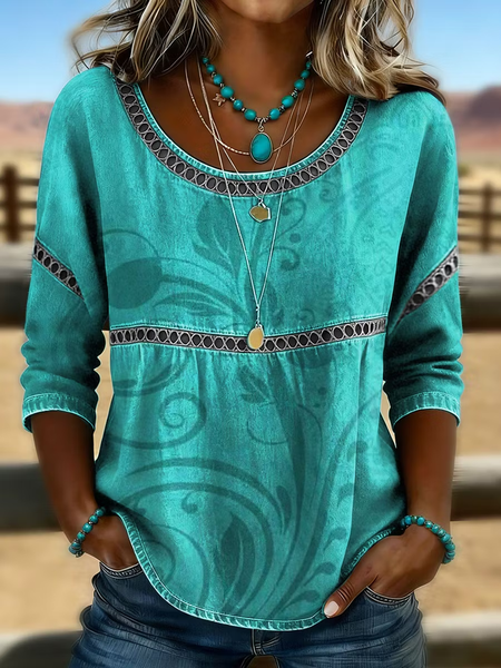 Crew Neck Half Sleeve Abstract Printing Regular Micro-Elasticity Loose Blouse For Women
