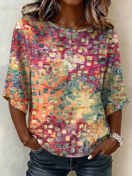 Crew Neck Half Sleeve Abstract Regular Micro-Elasticity Regular Fit Blouse For Women