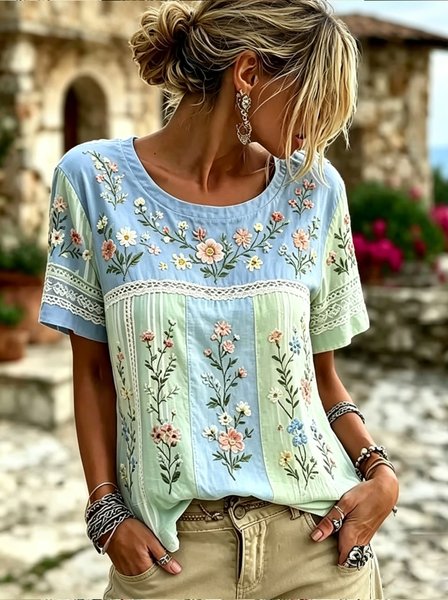 Women Floral Short Sleeve Tee T-shirt Crew Neck Casual Summer Top