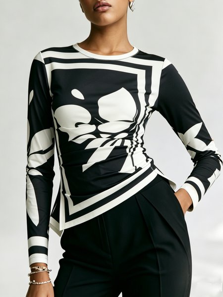 

Urban Floral Printing Irregular Craftsmanship Ruched Color Block T-shirt, Black, Tees
