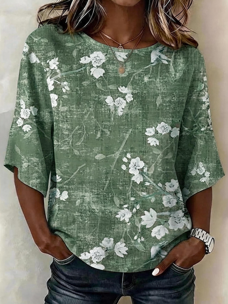 Crew Neck Half Sleeve Floral Regular Micro-Elasticity Regular Fit Blouse For Women