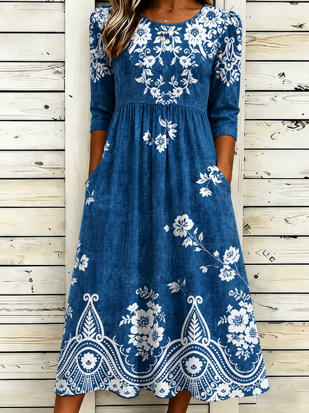 Women Floral Summer Dress Crew Neck Half Sleeve T-Shirt Dress A-Line Dress